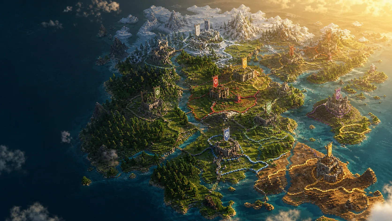 Voxel geopolitical world map with borders, roads, coastlines, and banners